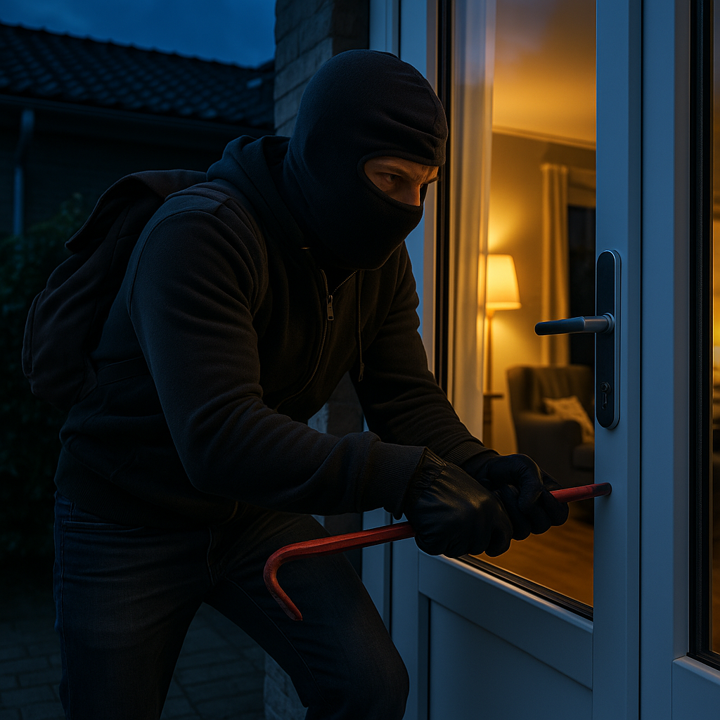 Inbreker die een tuindeur probeert te forceren in het werkgebied van CityWatch®